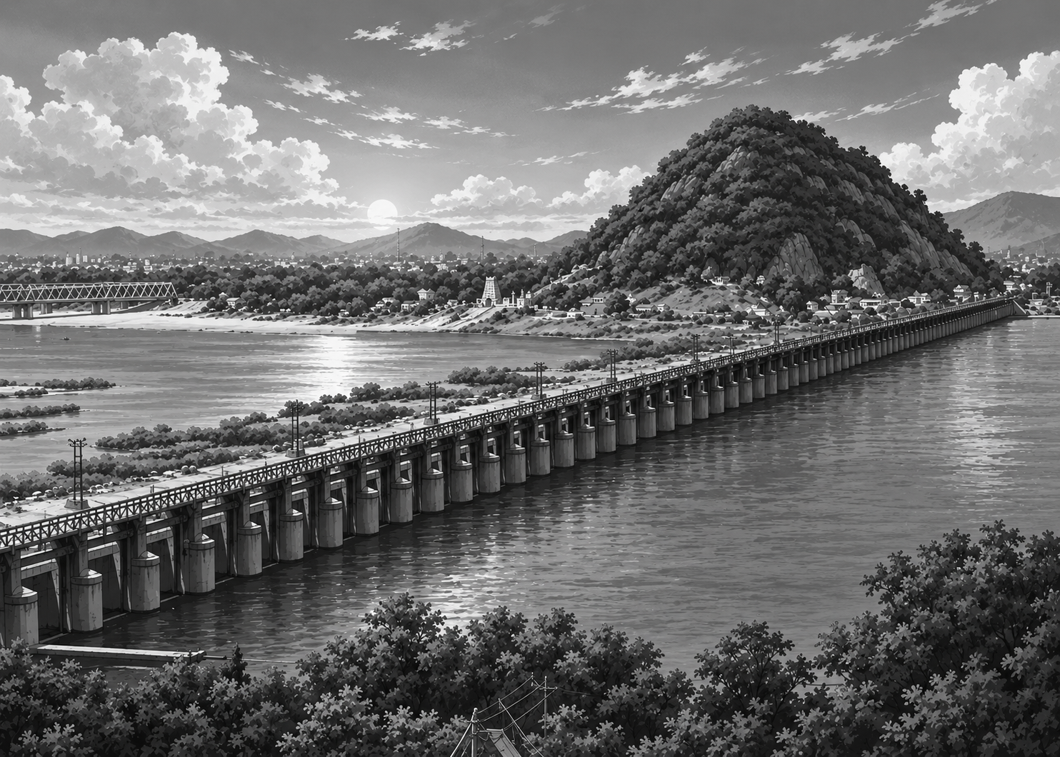 Prakasam Barrage and the Vijayawada cityscape